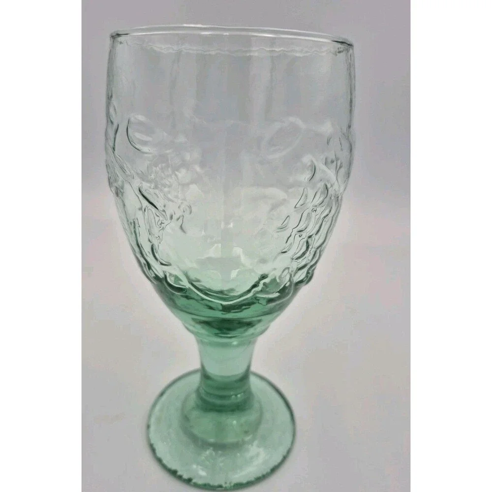 Set of 2 VTG Libbey Glass Orchard Fruit Pattern Green Tinted Footed Goblets 7